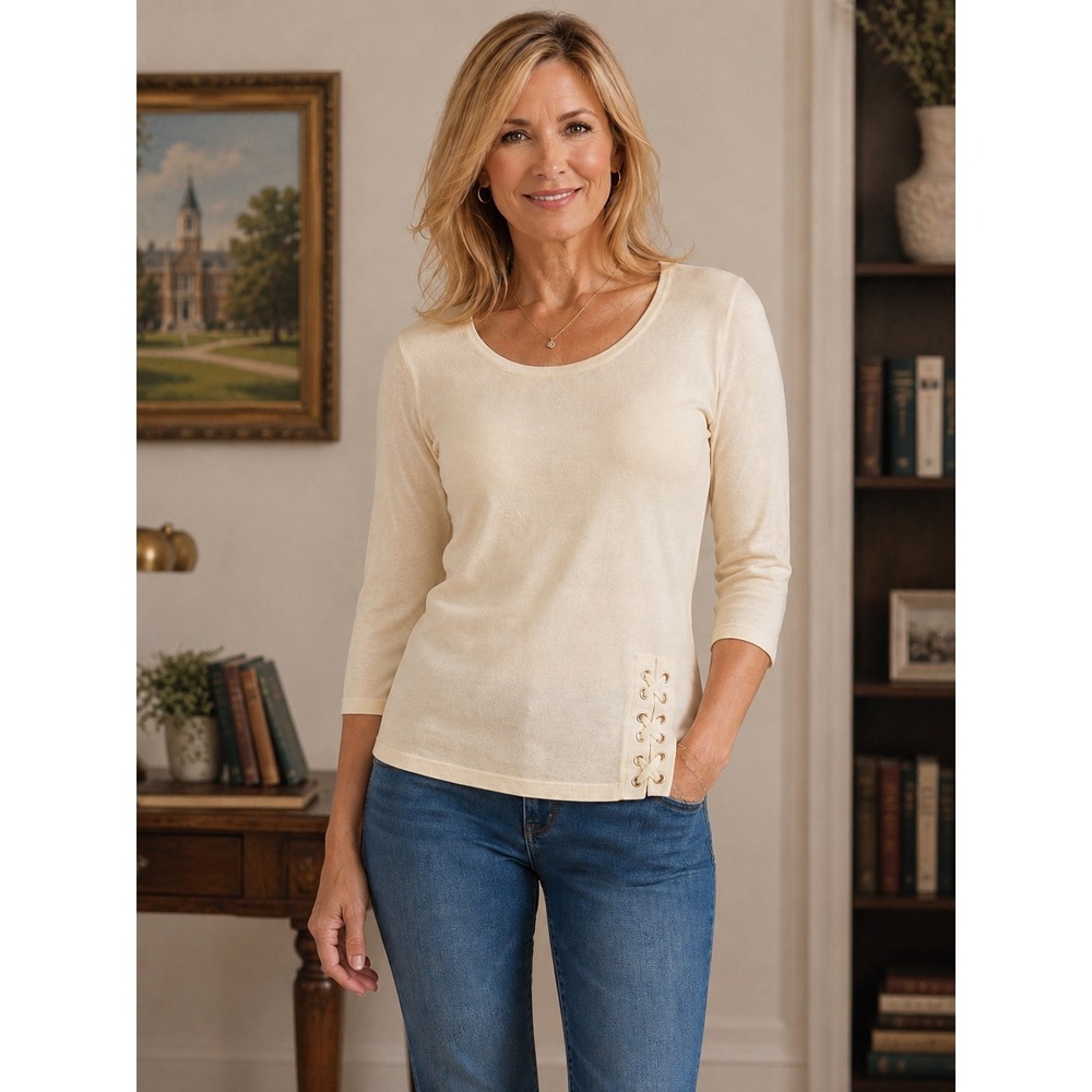 Joan Rivers Sweater S Cream Lace Up Detail Scoop Neck 3/4 Sleeve Minimalist